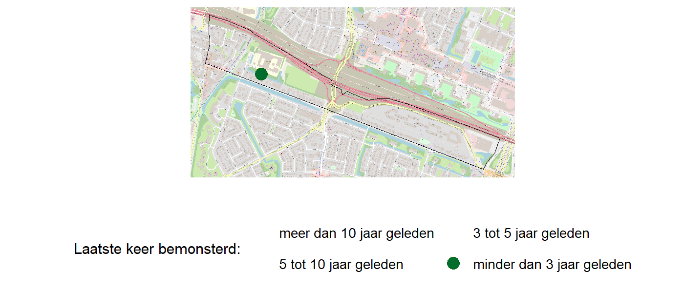 Kaart met meetlocaties waar waterplanten worden gemeten (groene stippen). Het laatste meetjaar waarin een locatie is bemonsterd is weergegeven in verschillende tinten groen.