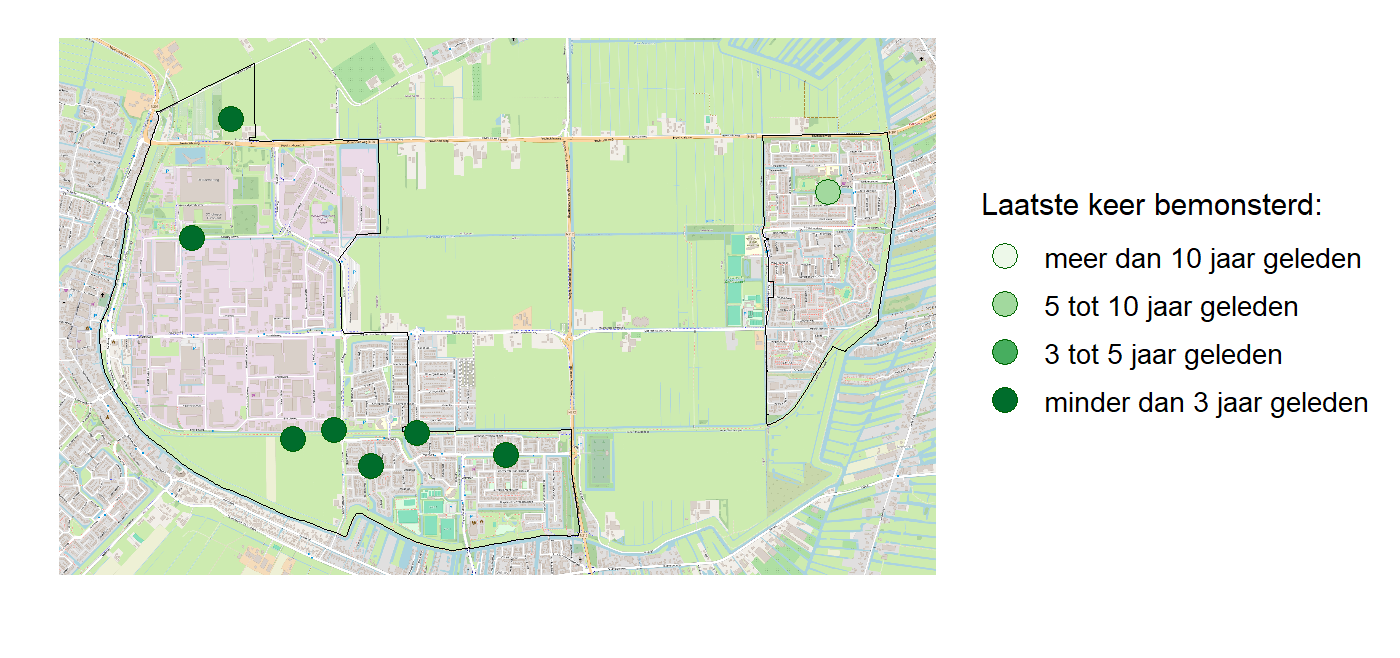 Kaart met meetlocaties waar waterplanten worden gemeten (groene stippen). Het laatste meetjaar waarin een locatie is bemonsterd is weergegeven in verschillende tinten groen.