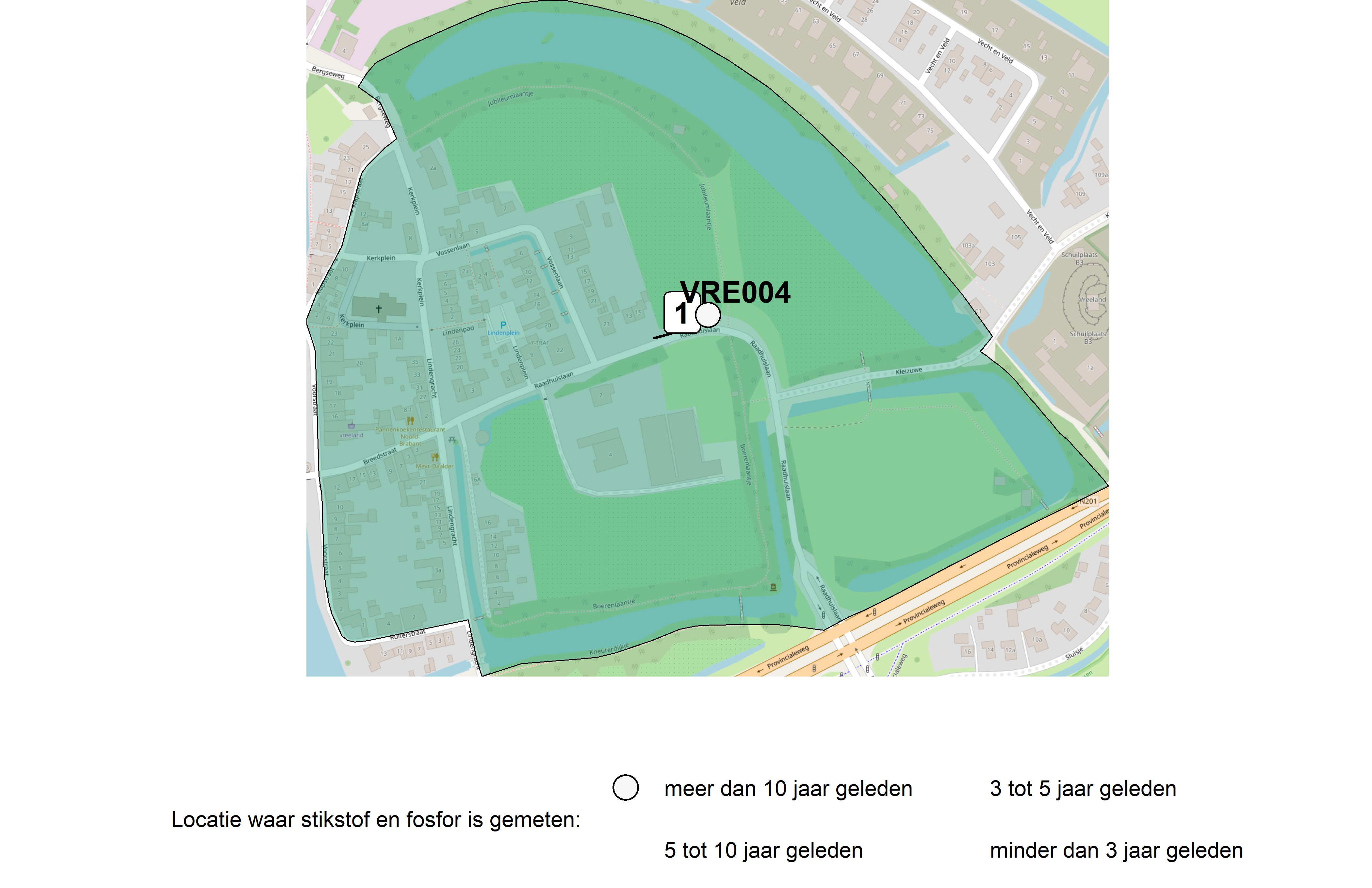 Figure 1: Kaart met meetlocaties waar stikstof en fosfor zijn gemeten. Het laatste meetjaar waarin een locatie is bemonsterd, is weergegeven in verschillende tinten grijs.