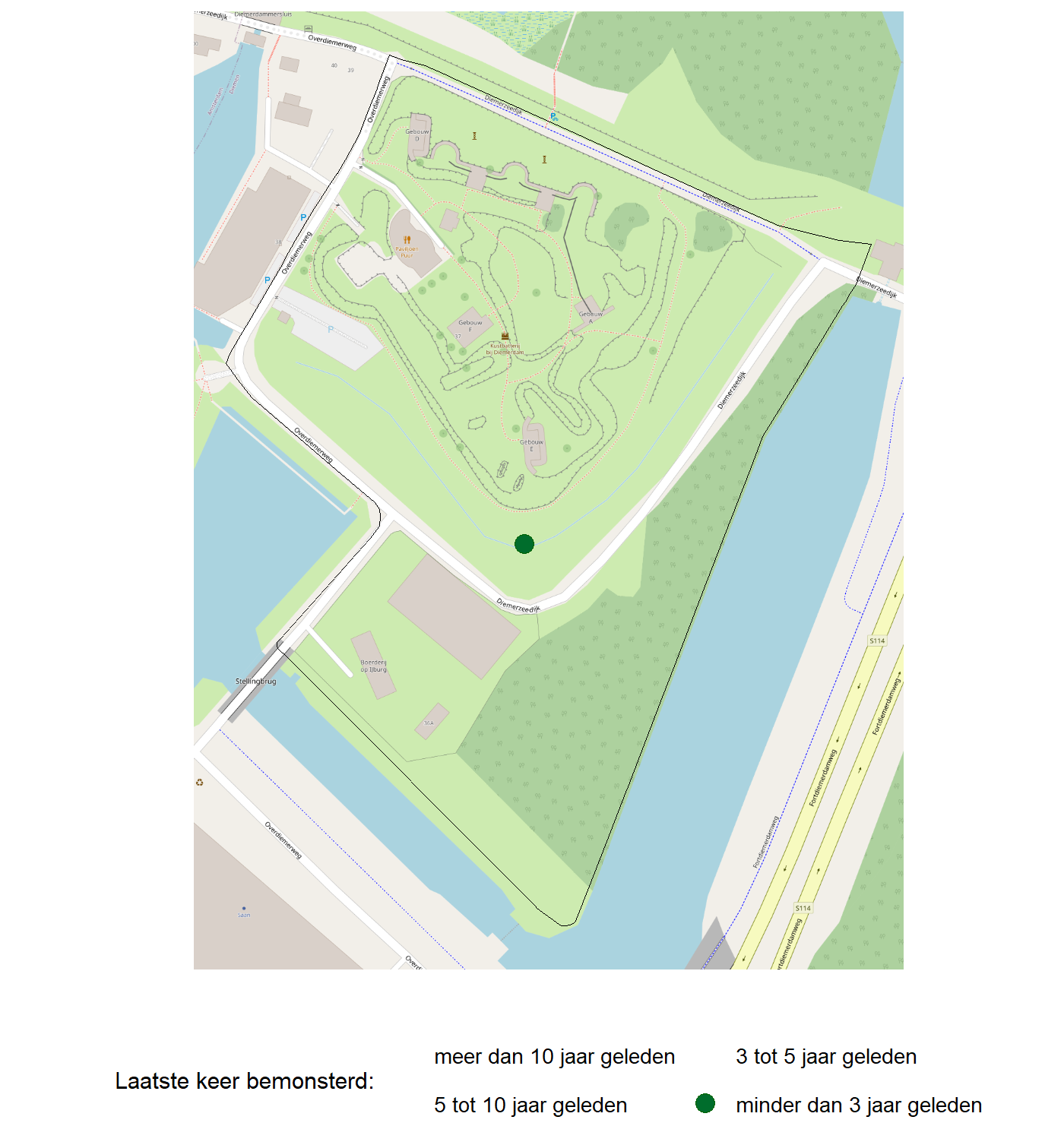 Kaart met meetlocaties waar waterplanten worden gemeten (groene stippen). Het laatste meetjaar waarin een locatie is bemonsterd is weergegeven in verschillende tinten groen.