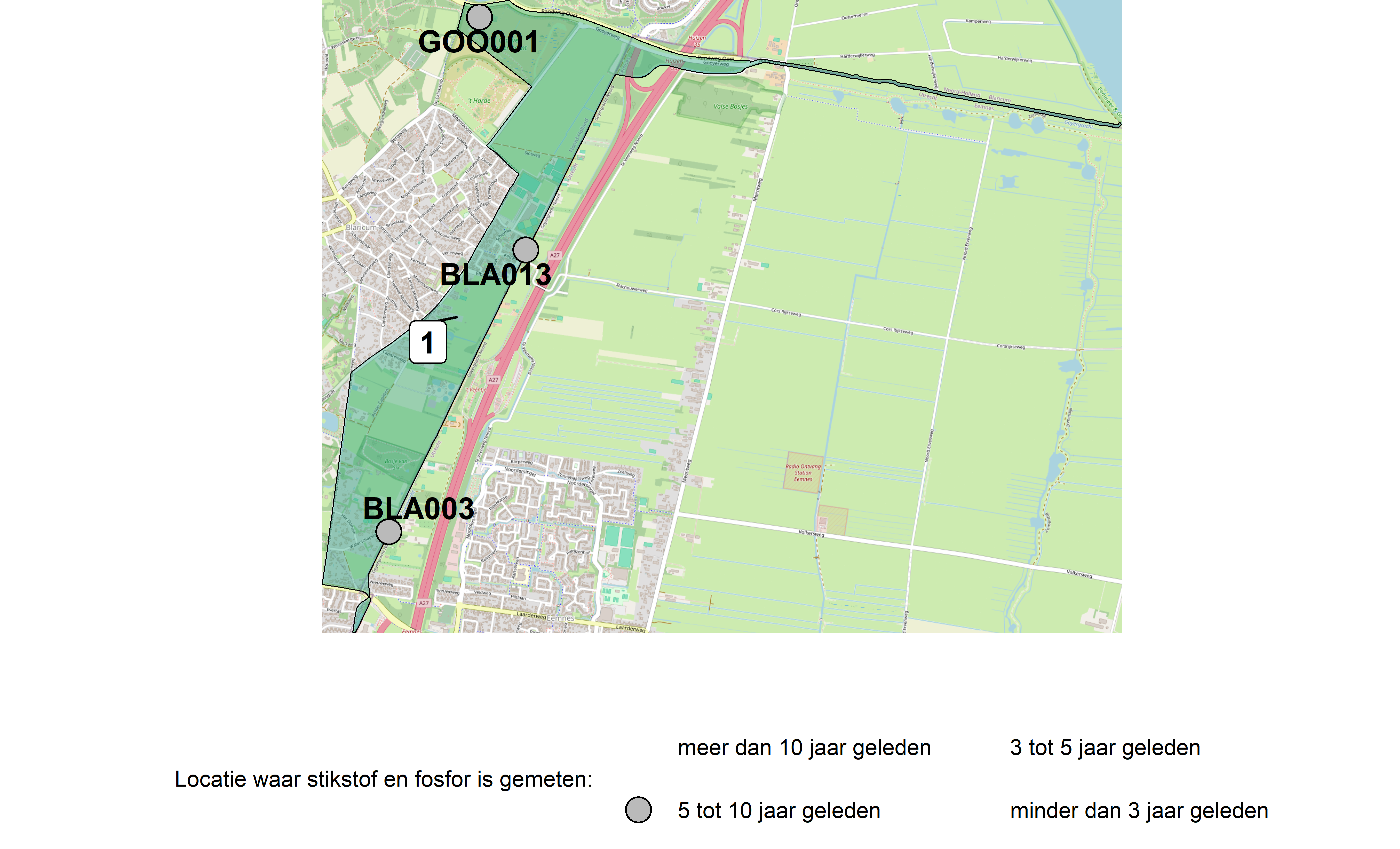 Figure 1: Kaart met meetlocaties waar stikstof en fosfor zijn gemeten. Het laatste meetjaar waarin een locatie is bemonsterd, is weergegeven in verschillende tinten grijs.